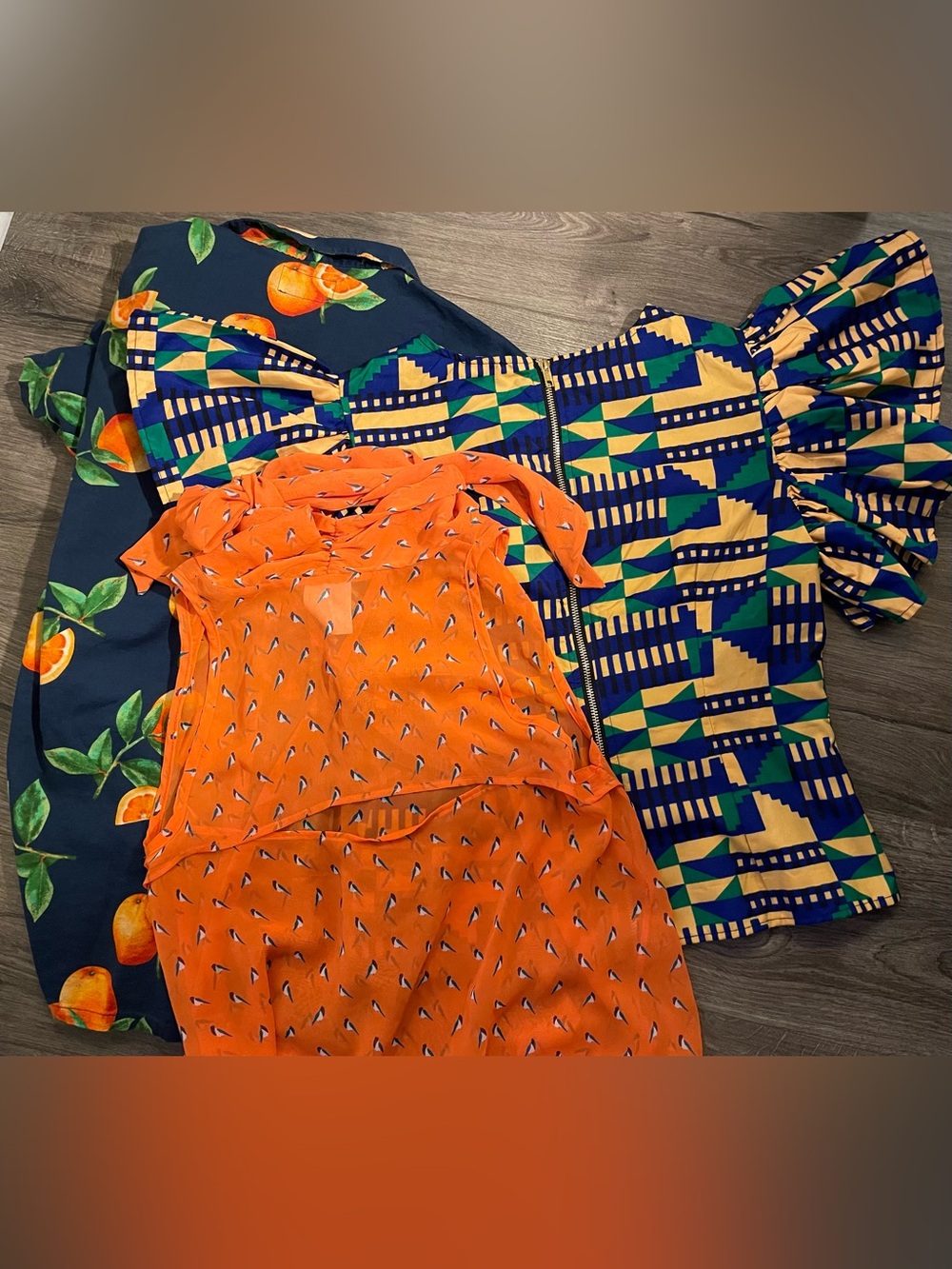 Orange & yellow BUNDLE! Three blouse bundle, lightweight / fruit & birds oh my! - Picture 2 of 2